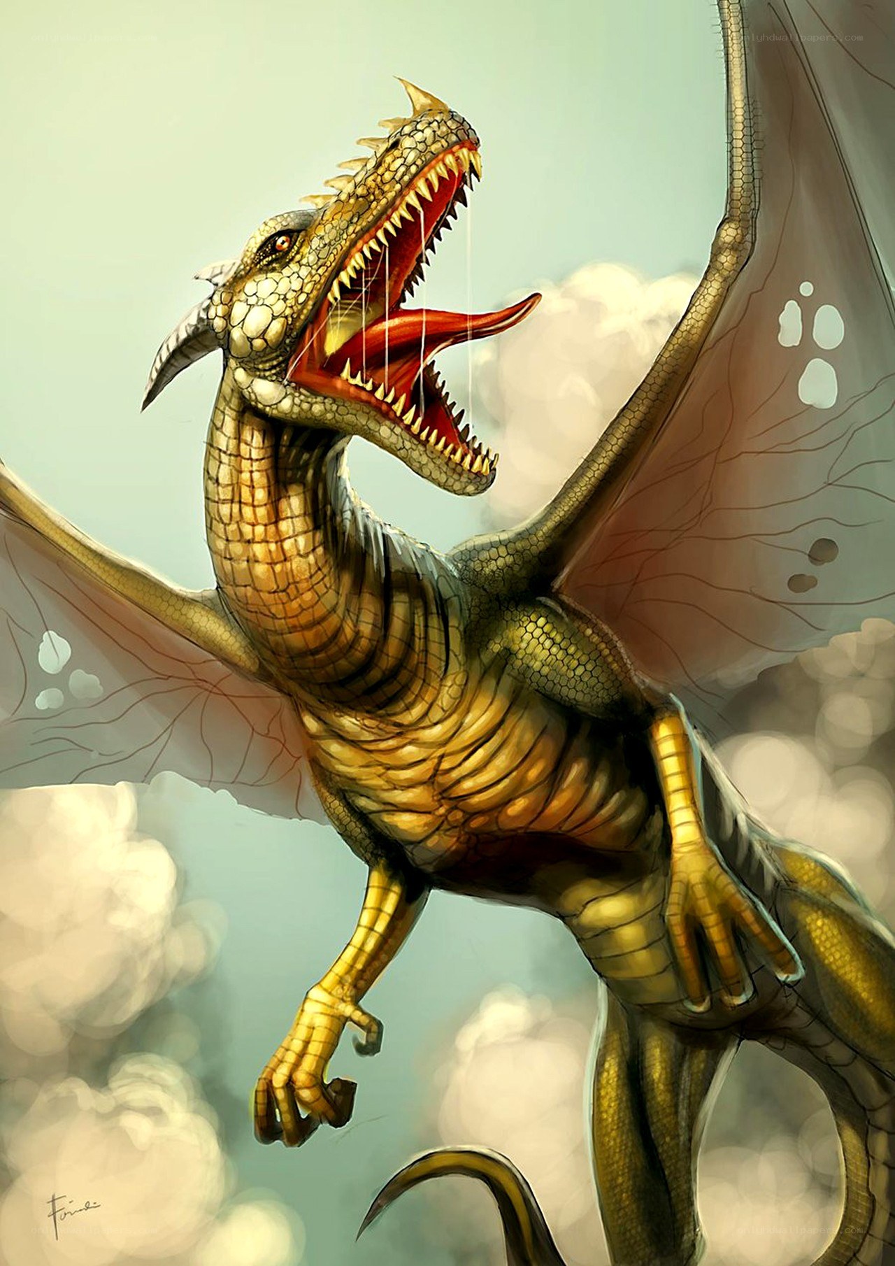 Golden dragon in flight