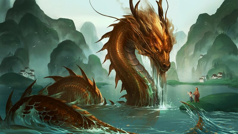 Golden Dragon in Lake — Green, Dramatic