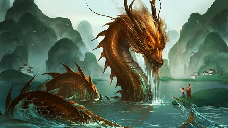 Golden Dragon in Lake — Green
