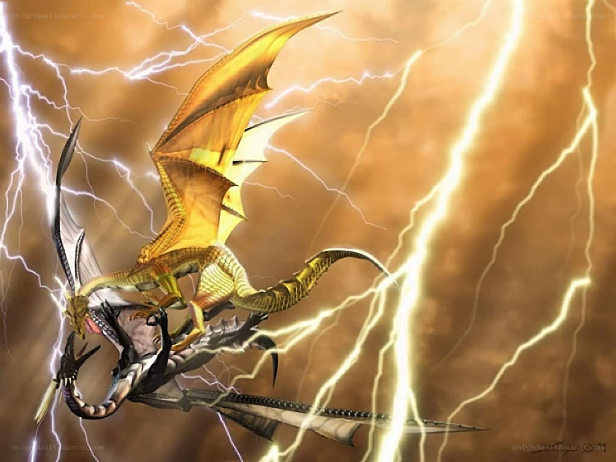 Golden dragon in lightning storm