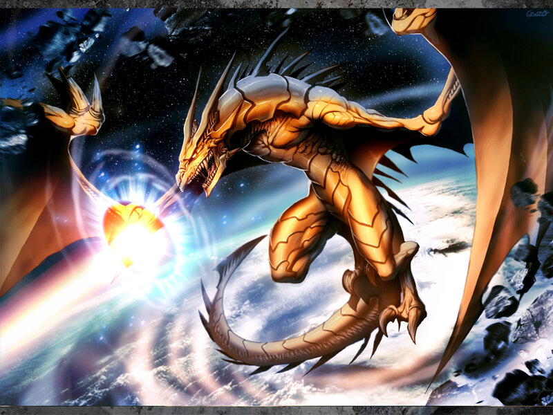 Golden dragon in space battle