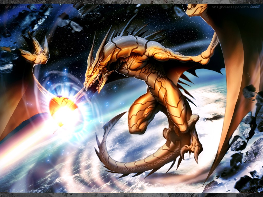 Golden dragon in space battle