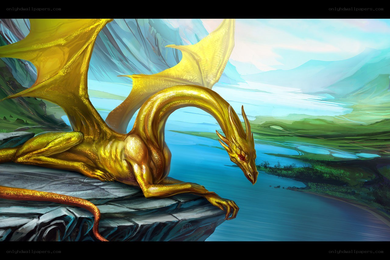 Golden dragon on a cliff