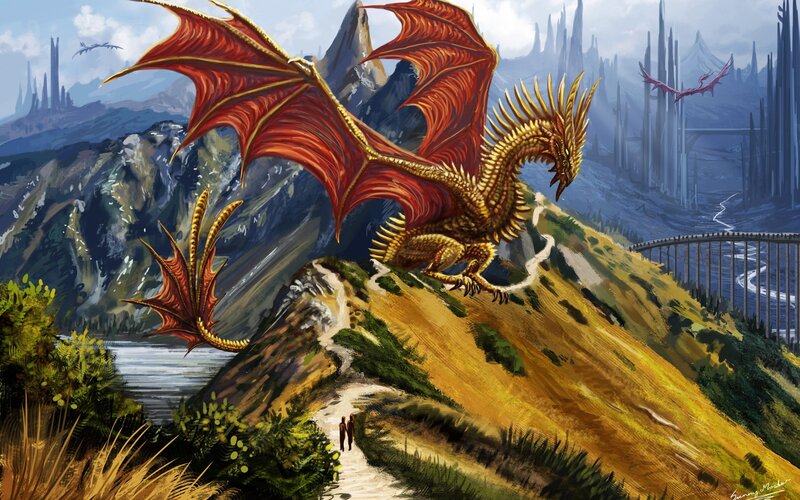 Golden Dragon on Mountain — Gold, Dramatic