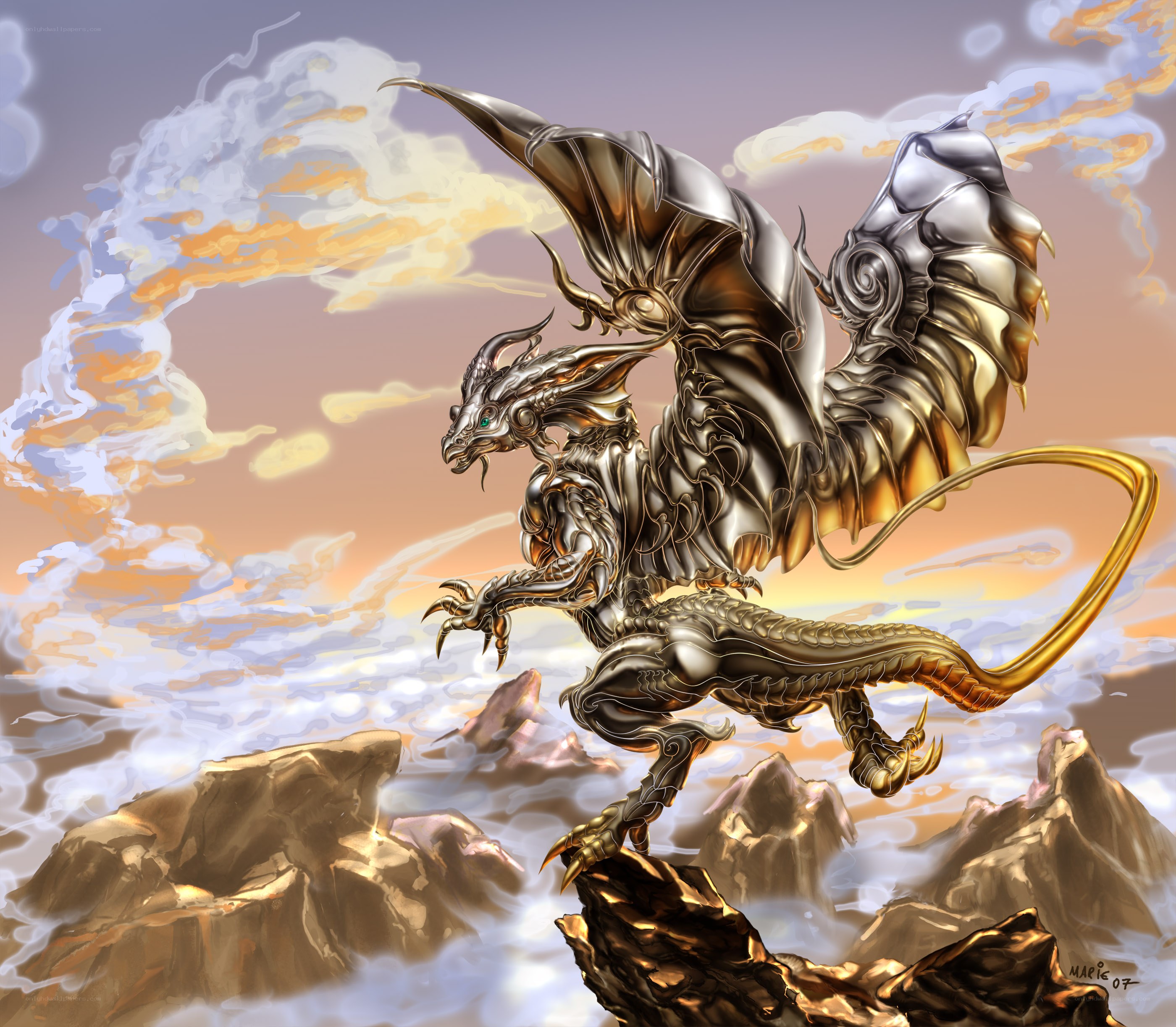 Golden dragon on mountain peak