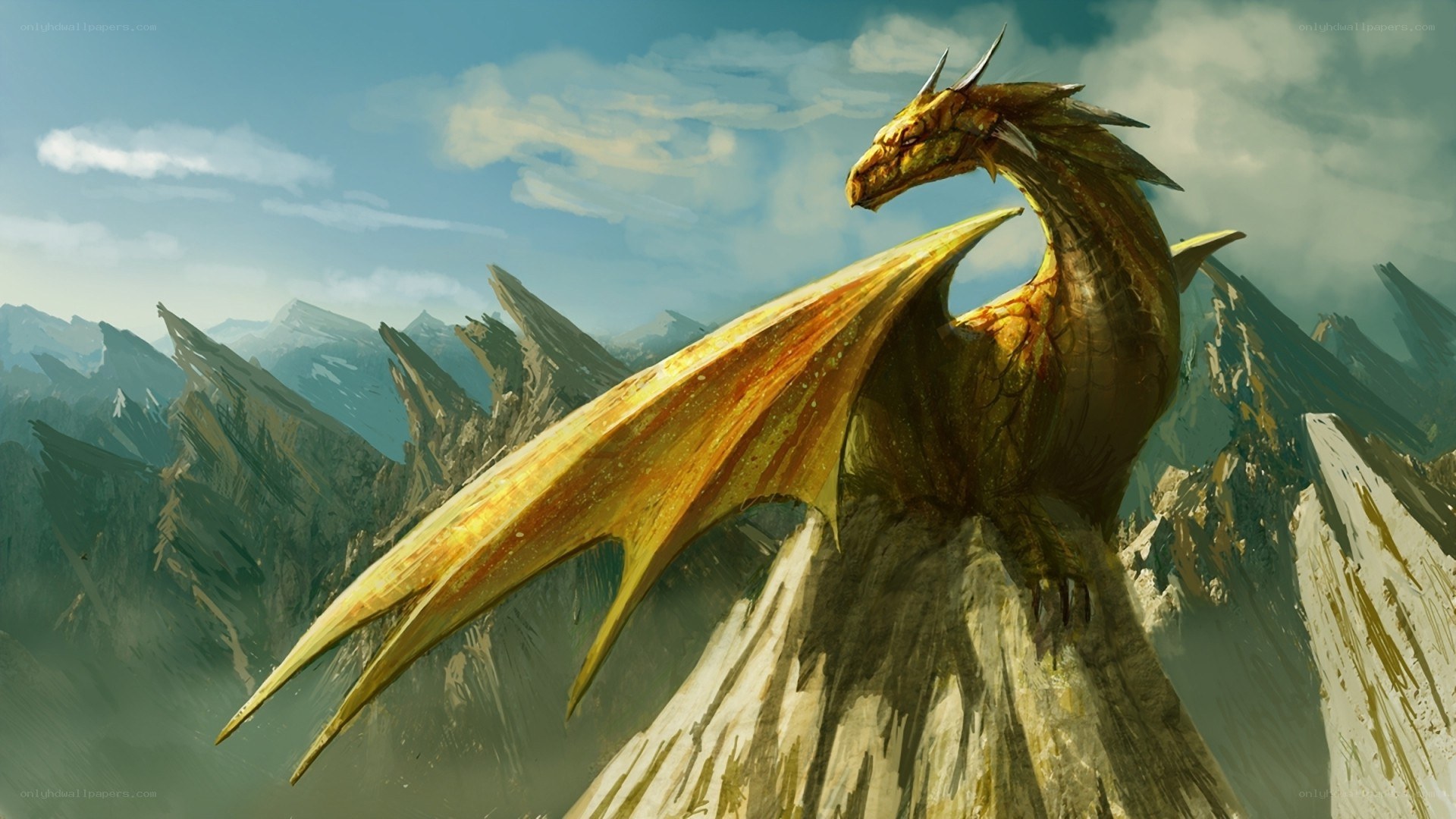 Golden dragon on mountain peak