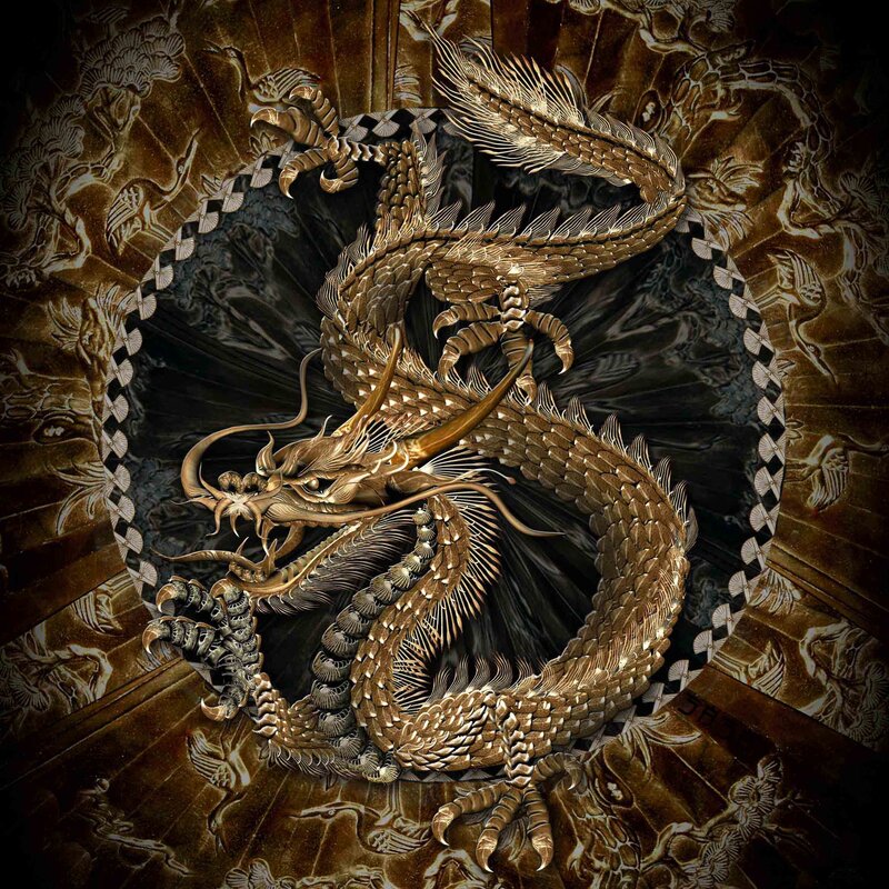 Golden dragon on ornate background