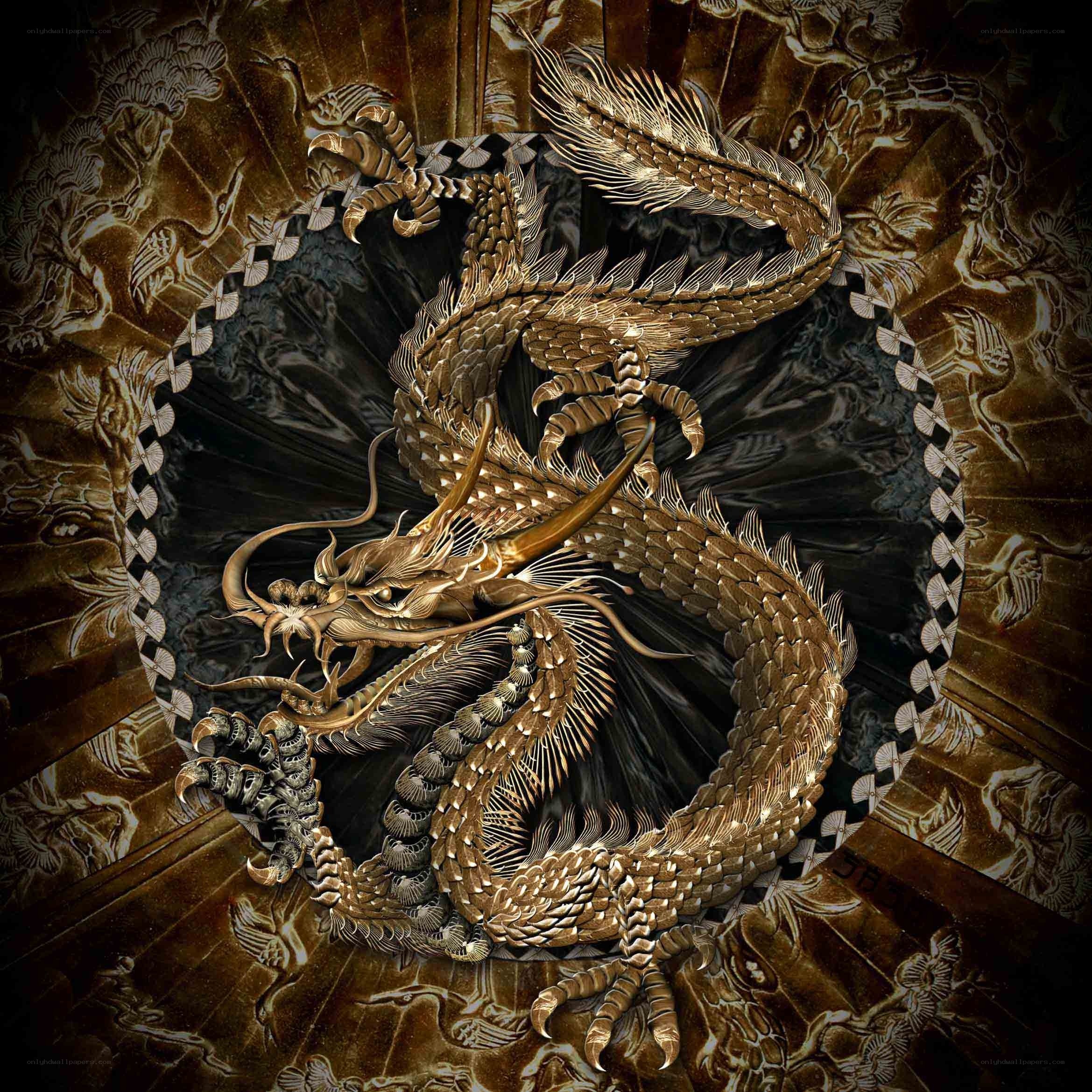 Golden dragon on ornate background