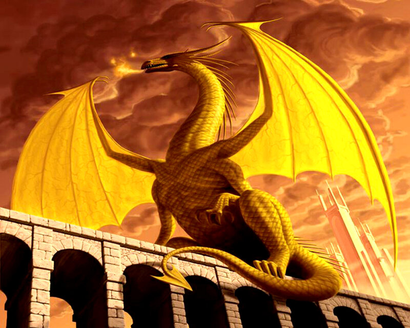 Golden dragon on stone bridge