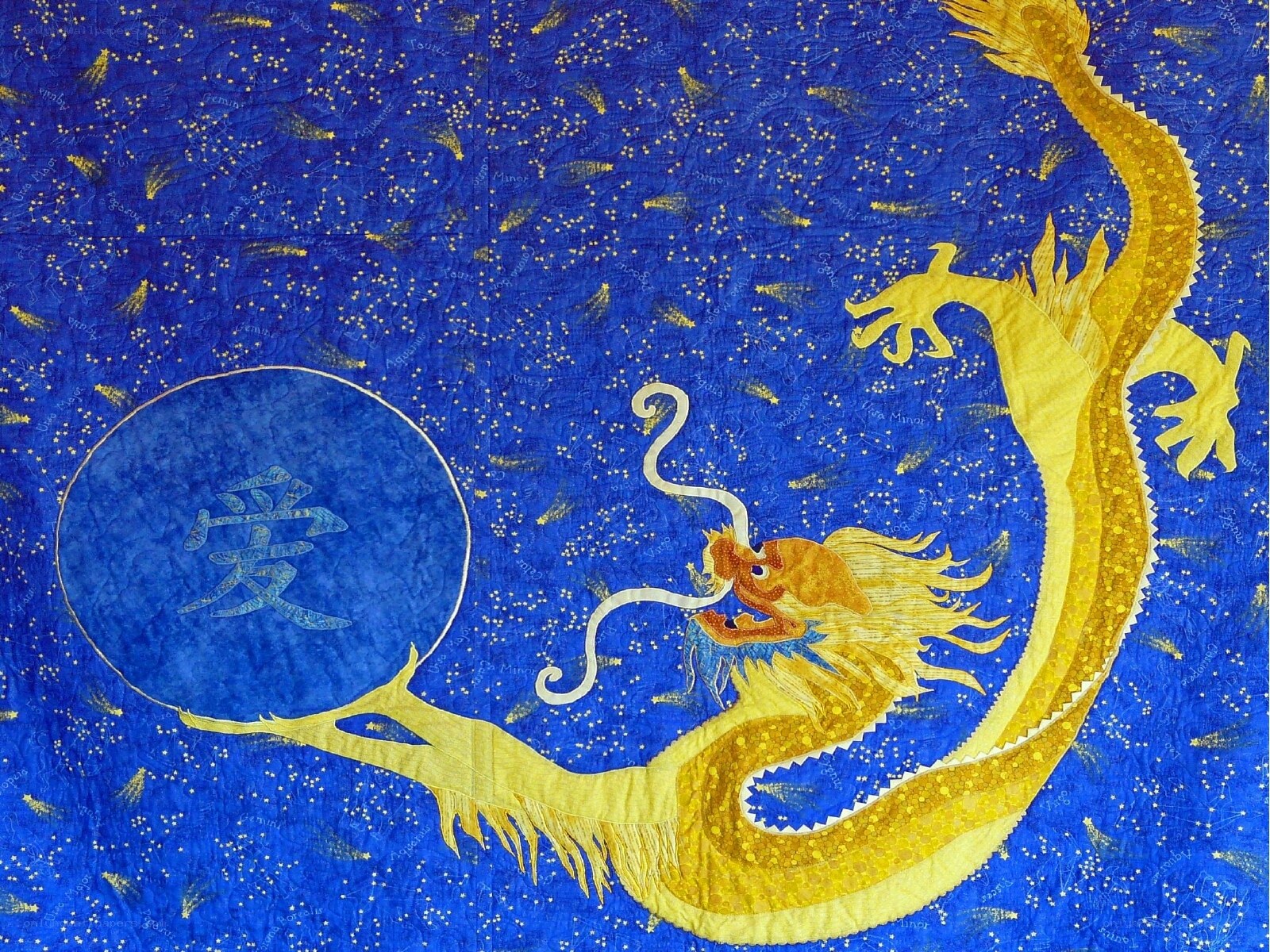 Golden dragon quilt with moon
