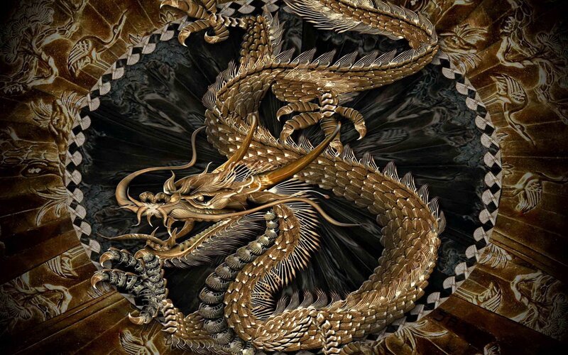 Golden Dragon Sculpture — Gold, Dramatic, Digital Art, Ornate