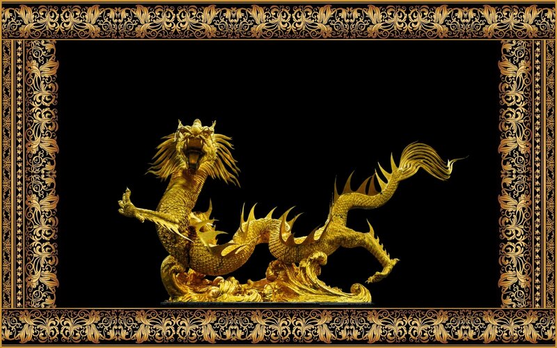 Golden Dragon Sculpture — Gold, Dramatic, Photograph