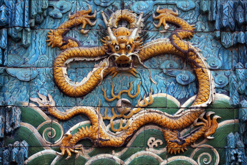 Golden dragon tile mural