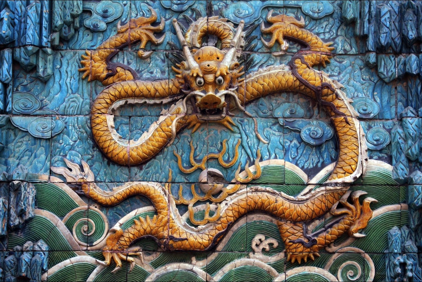 Golden dragon tile mural