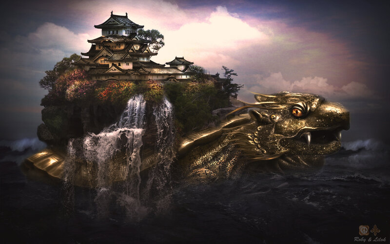 Golden Dragon with Castle — Gold, Dramatic, Sunset, Digital Art