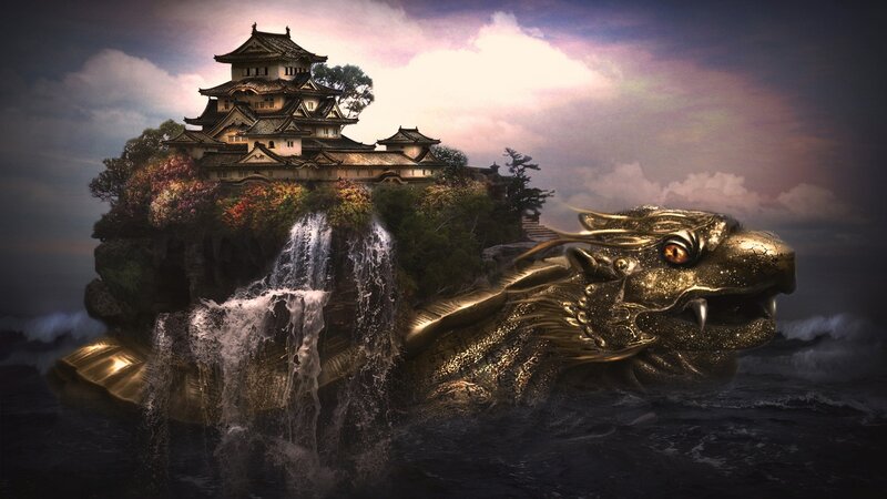 Golden Dragon with Castle — Gold, Dramatic, Sunset, Digital Art, Waterfall