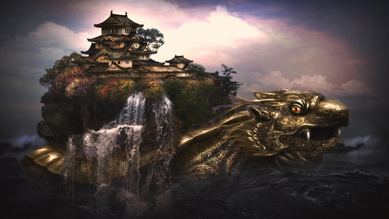 Golden Dragon with Castle — Gold, Dramatic