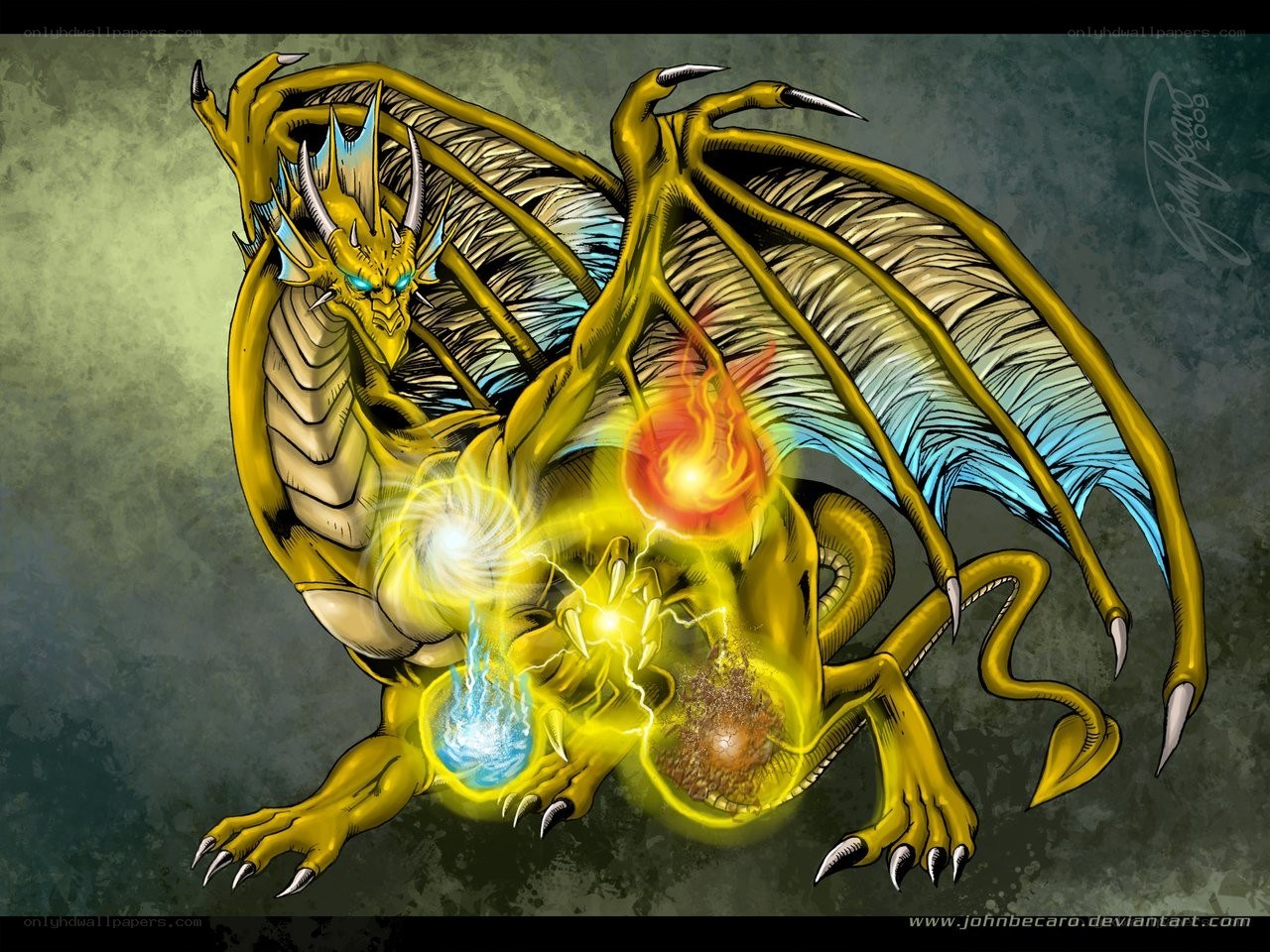 Golden dragon with elemental powers