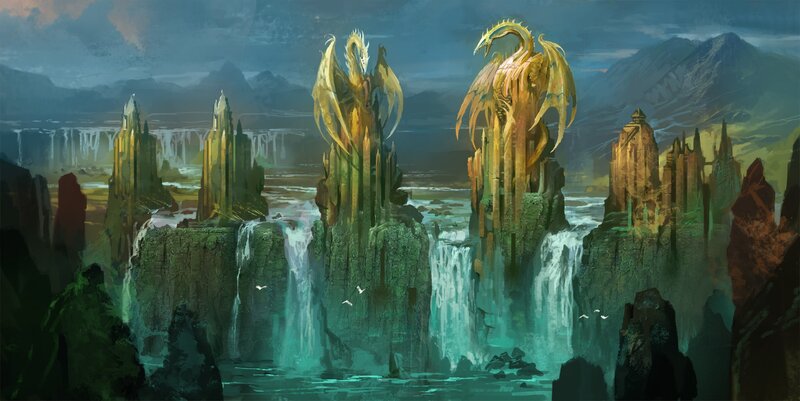 Golden Dragons on Cliffs
