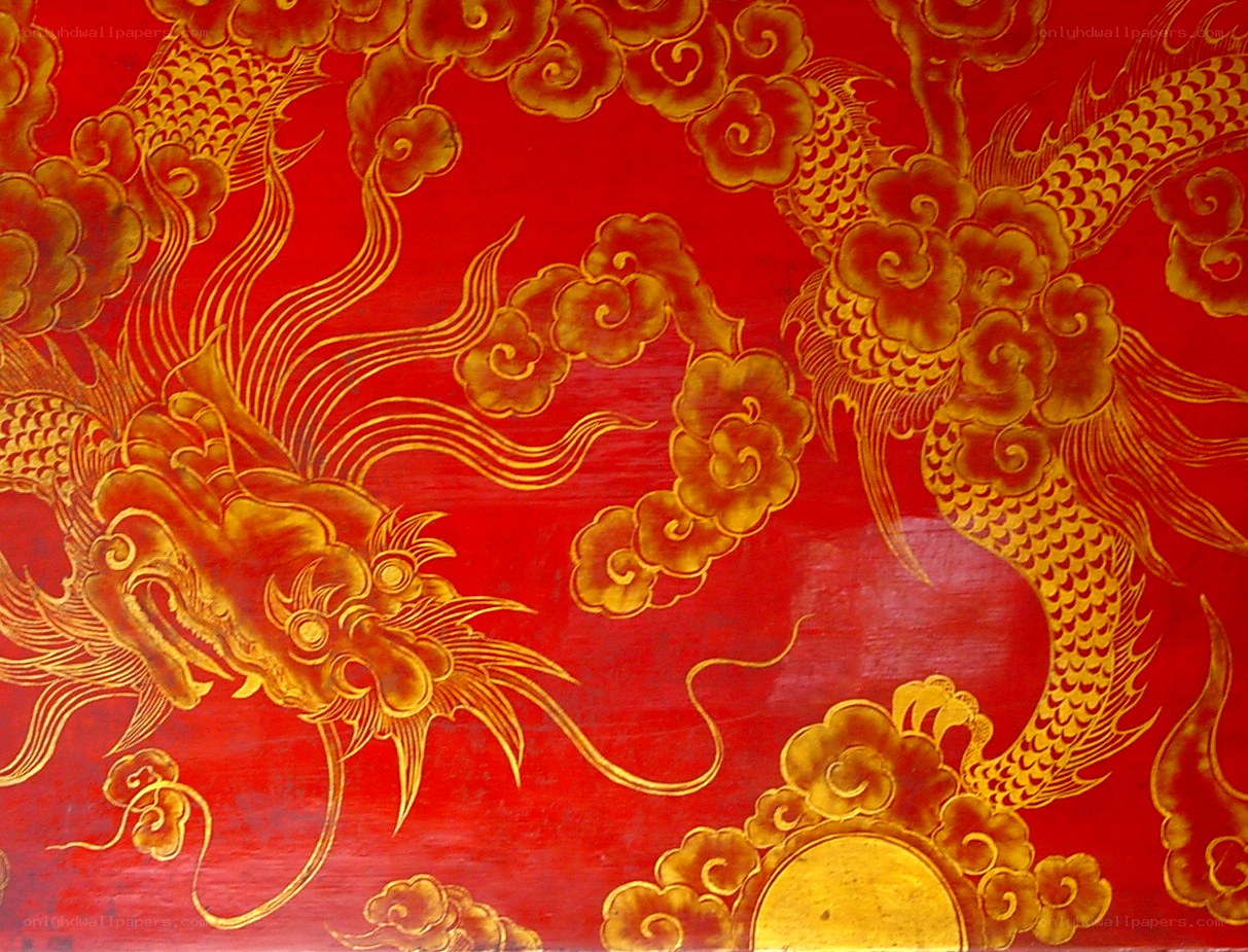 Golden dragons on red background