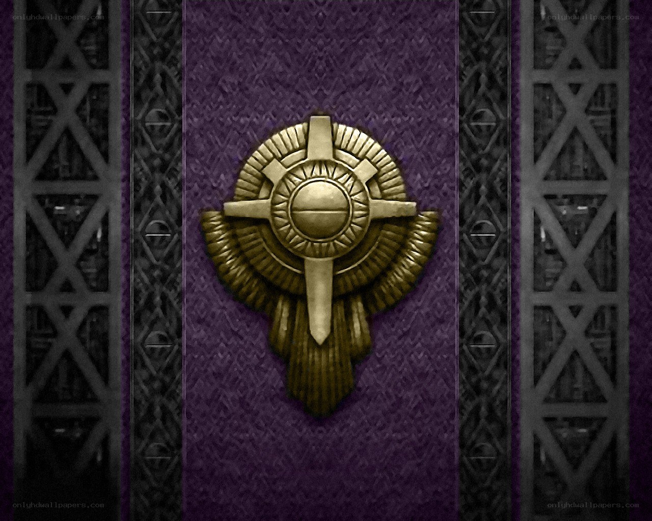 golden emblem on purple wall