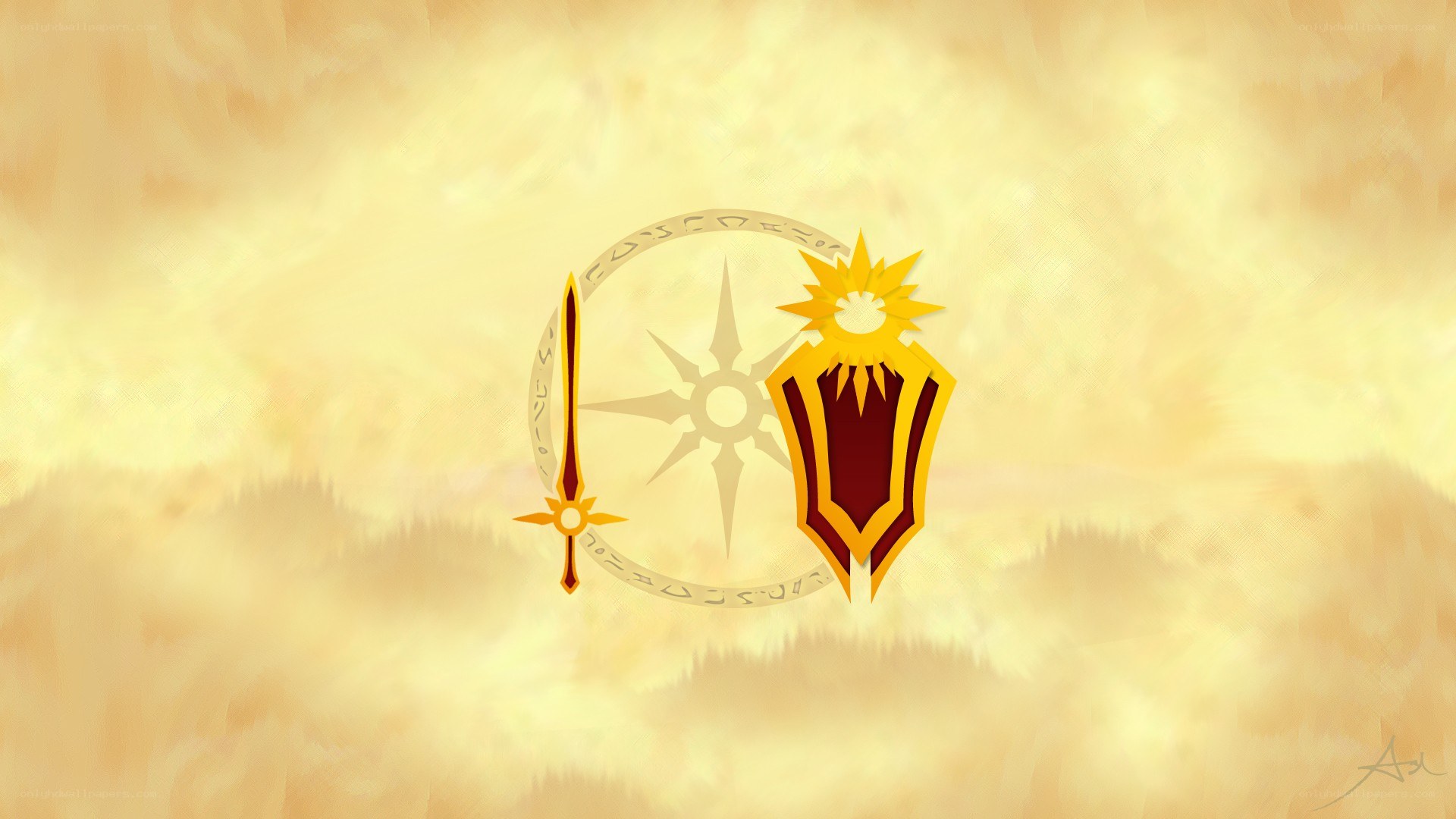 golden emblem with sword and shield
