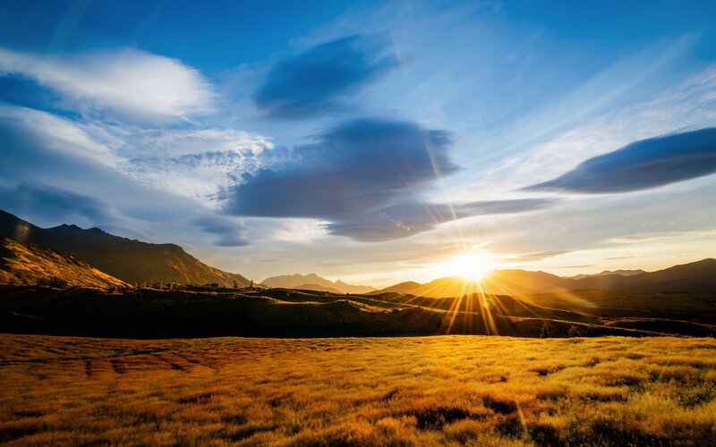 Golden Field at Sunset — Gold, Serene, Photograph, Mountains, Sun, Clouds