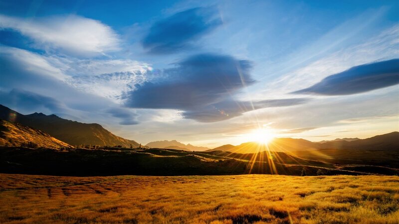 Golden Field at Sunset — Gold, Serene, Photograph, Mountains, Sun