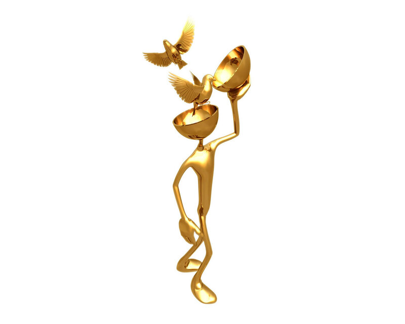 golden figure feeding birds