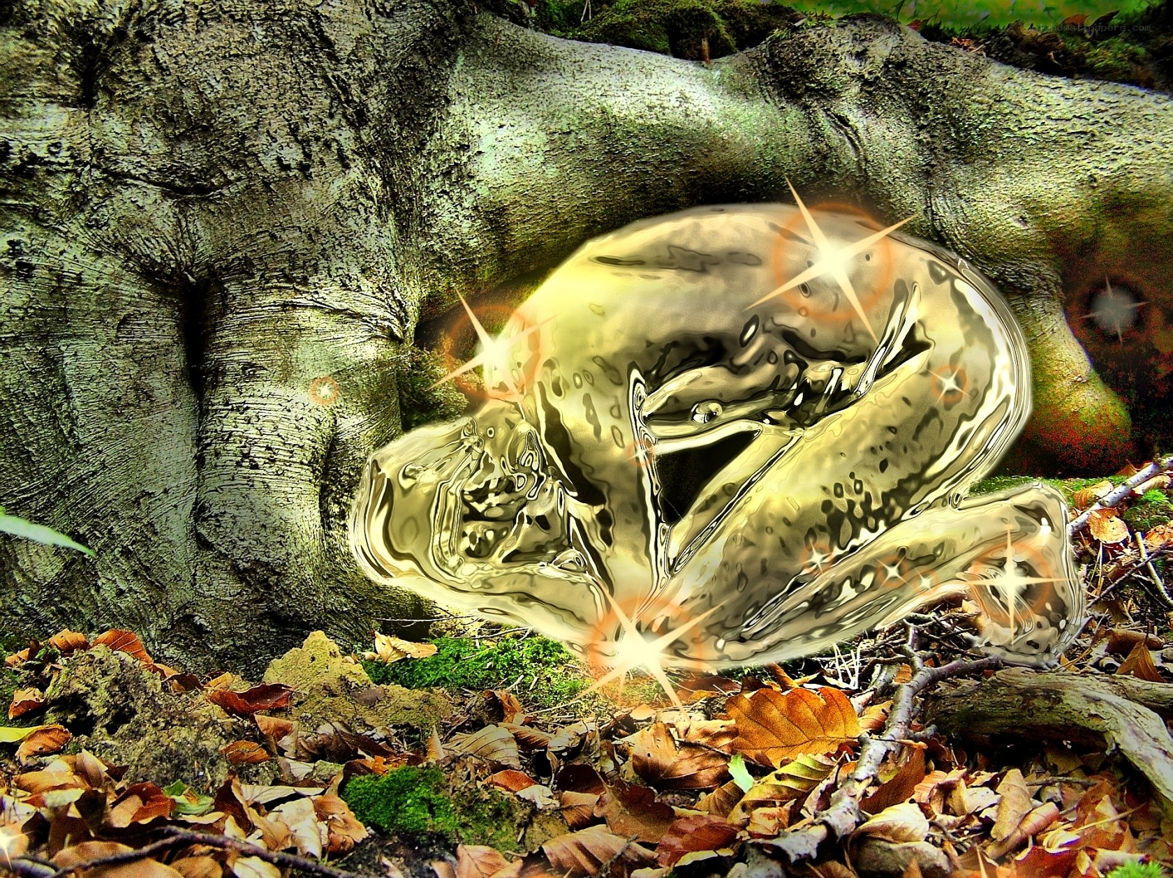 golden figure in forest