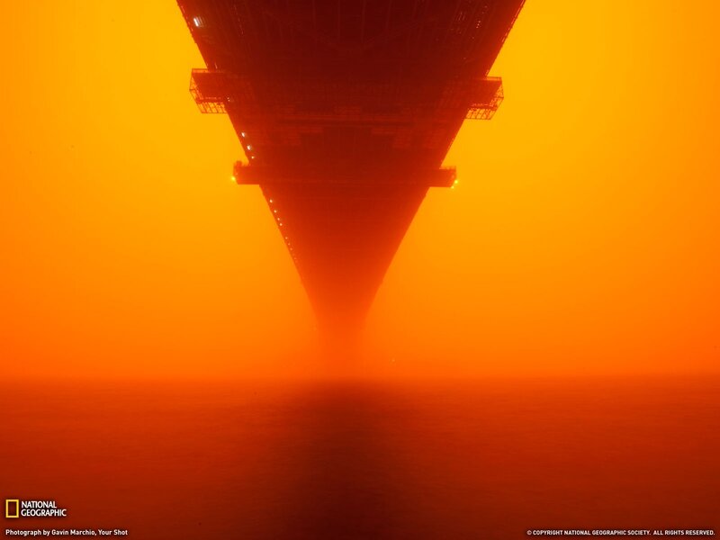 Golden fog under a bridge