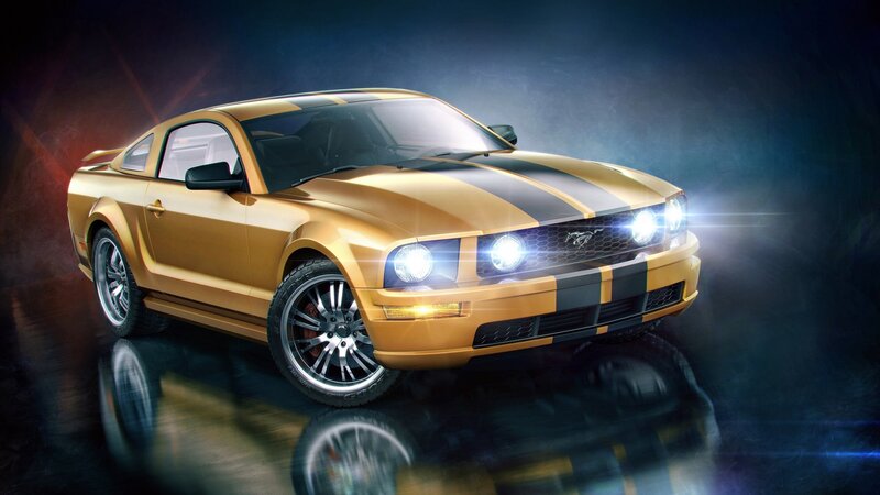 Golden Ford Mustang with stripes