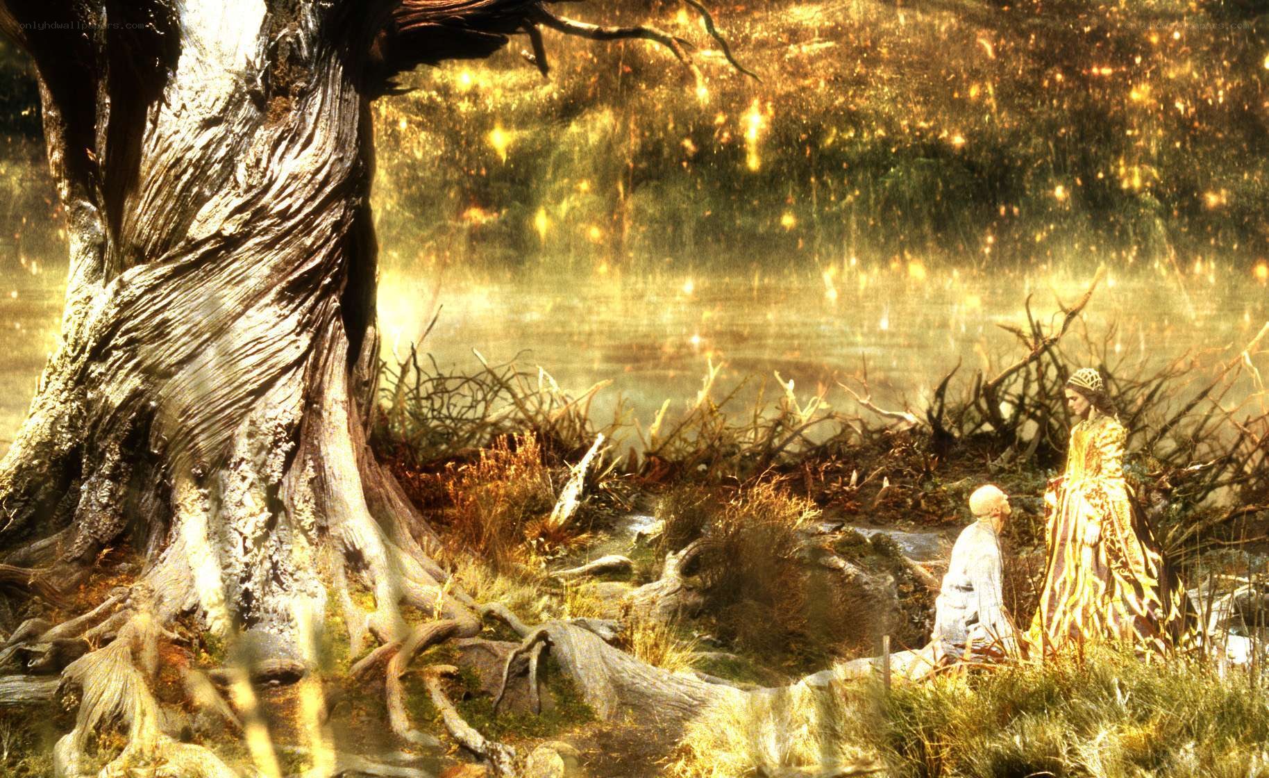 golden forest scene with figures