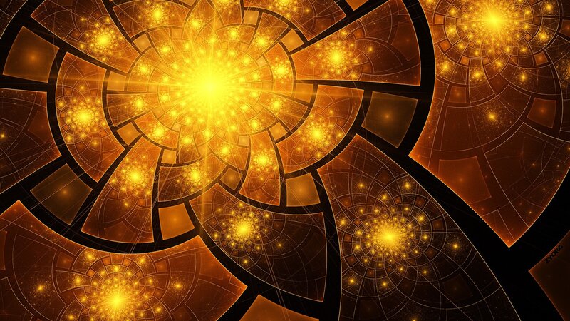 Golden Fractal Spiral — Gold, Dramatic, Digital Art, Light, Stars