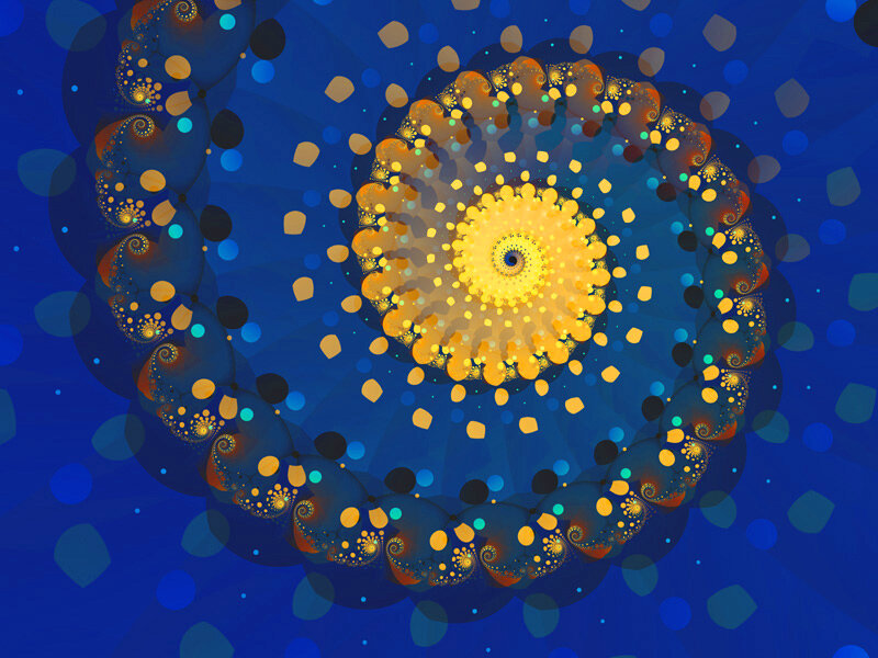 Golden fractal spiral on blue