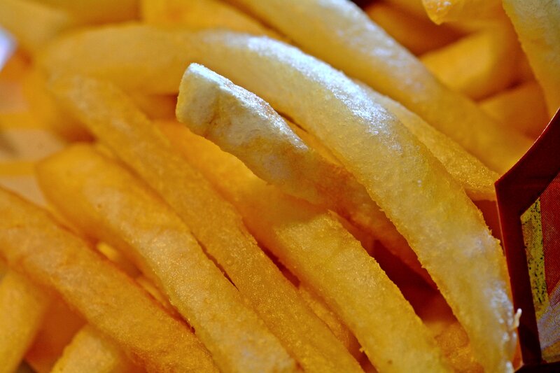 Golden French Fries — Yellow, Appetizing, Photograph, Box