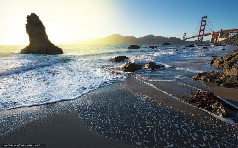 Golden Gate Bridge at Beach — Blue, Serene, Sunset