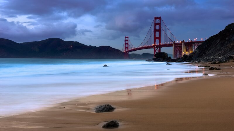 Golden Gate Bridge at Dusk — Blue, Dramatic, Night, Photograph, Beach, Ocean