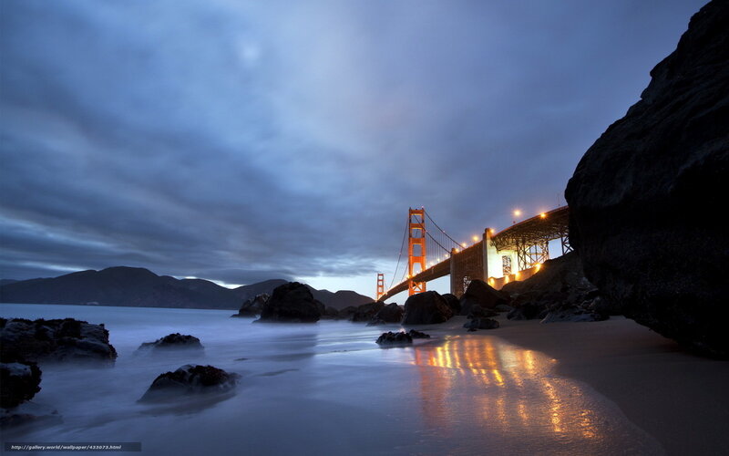 Golden Gate Bridge at Dusk — Blue, Dramatic, Night, Photograph, Beach