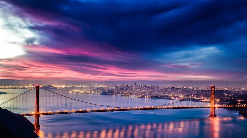 Golden Gate Bridge at Dusk — Blue, Dramatic, Night, Photograph, City Skyline