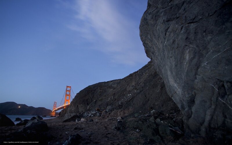 Golden Gate Bridge at Dusk — Blue, Dramatic, Night, Photograph, Rock