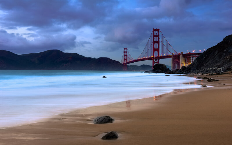 Golden Gate Bridge at Dusk — Blue, Dramatic, Night, Photograph