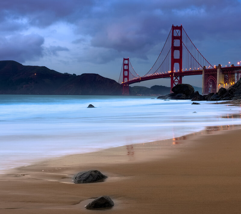 Golden Gate Bridge at Dusk — Blue, Serene, Night, Photograph, Beach