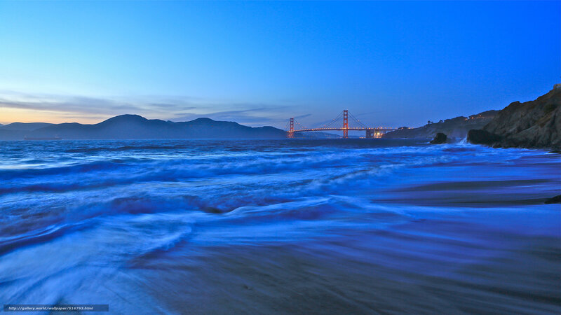 Golden Gate Bridge at Dusk — Blue, Serene, Night, Photograph, Mountains