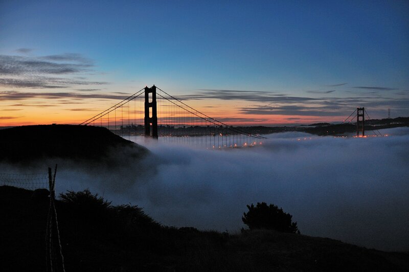 Golden Gate Bridge at Dusk — Blue, Serene, Sunset, Photograph, Fog