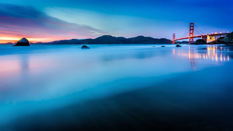 Golden Gate Bridge at Dusk — Blue, Serene, Sunset, Photograph, Mountains