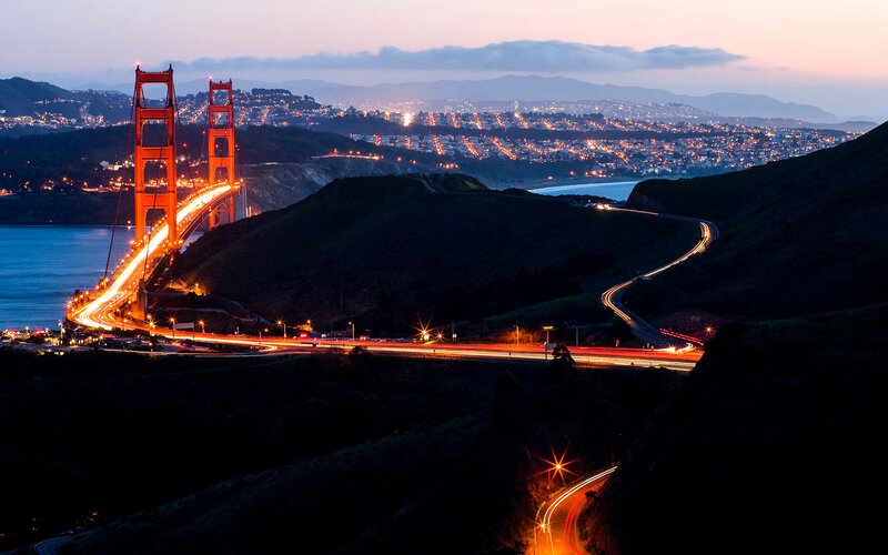 Golden Gate Bridge at Dusk — Orange, Dramatic, Night, Photograph