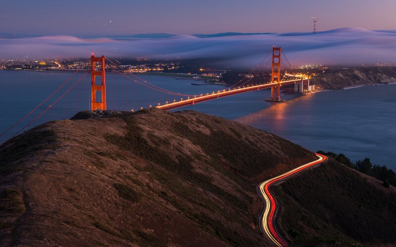 Golden Gate Bridge at Dusk — Orange, Serene, Night