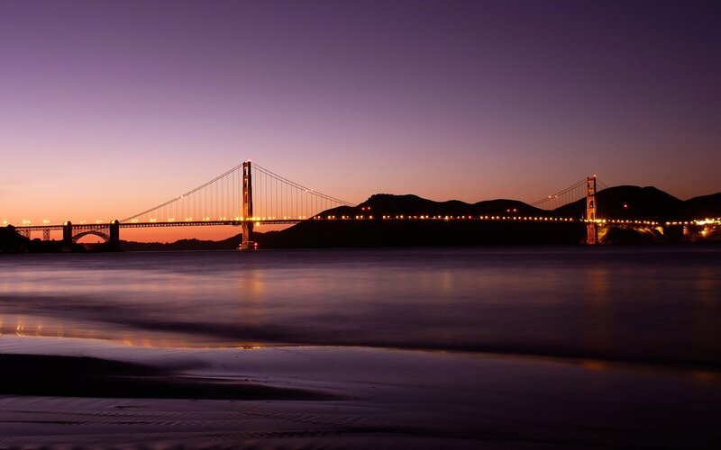 Golden Gate Bridge at Dusk — Purple, Serene, Sunset, Photograph