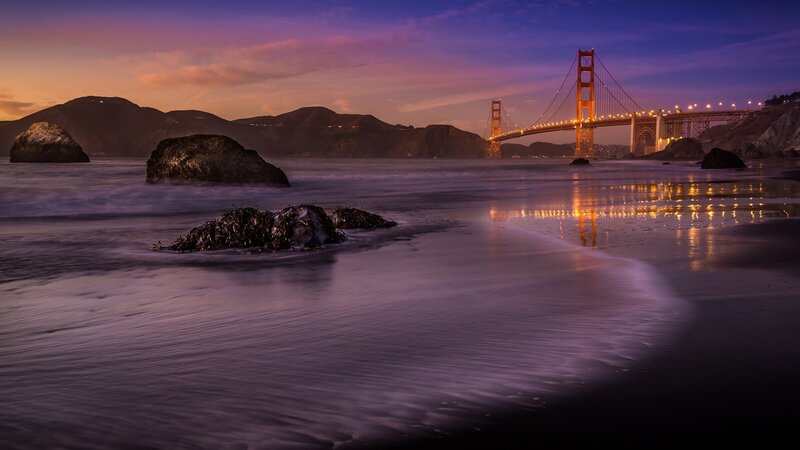 Golden Gate Bridge at Dusk — Purple, Serene, Sunset